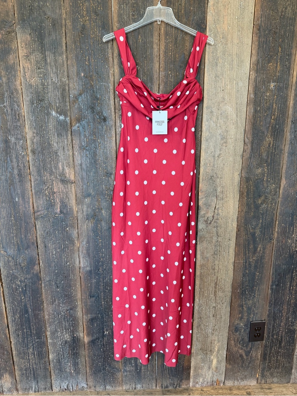 Princess Polly End Credits Off Shoulder Pleat Maxi Dress in red polka dot - Picture 3 of 10